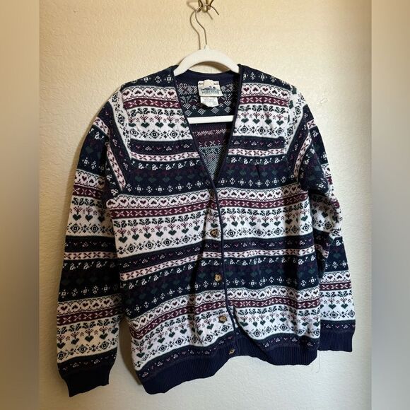 Vintage‎ Grandma Knit Floral Heart Mod Print Sweater Cardigan Sz M - Picture 2 of 6